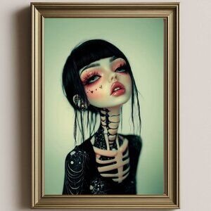 8.5x11 Goth Girl Skeleton Art Print | Surreal Dark Doll Portrait with Black Hair